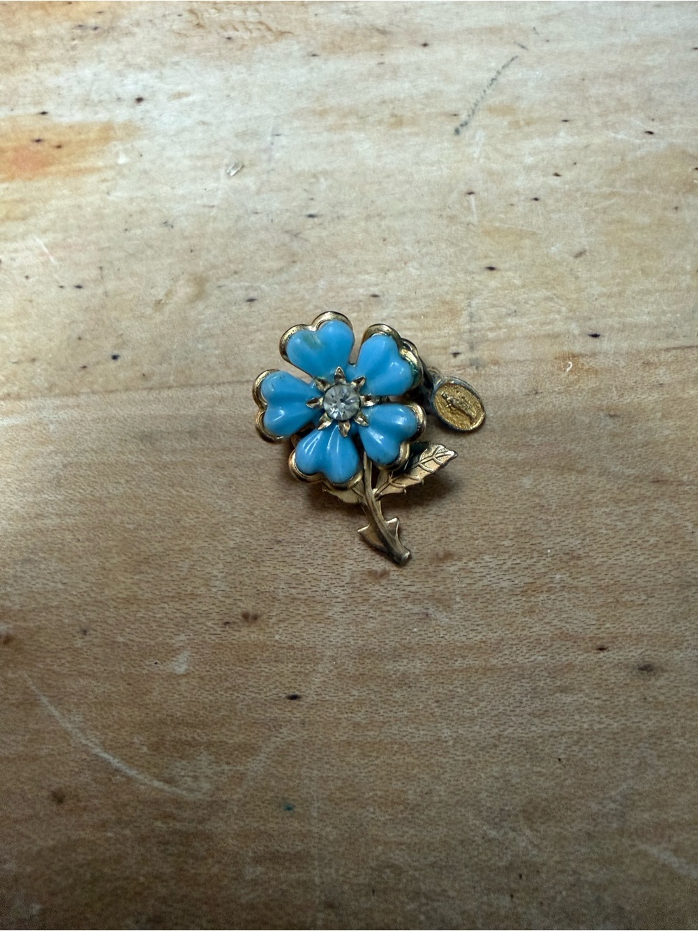 Blue Enamel Flower Brooch with Crystal Center Miraculous Medal - Women's Jewelry